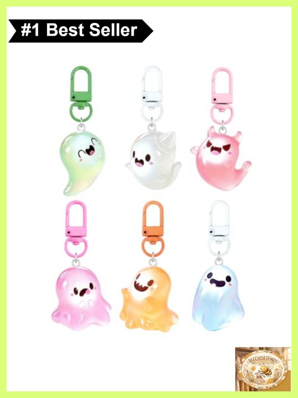 6 Pc Ghost Keychain Set Glow in Dark Kawaii Halloween Bag Charm